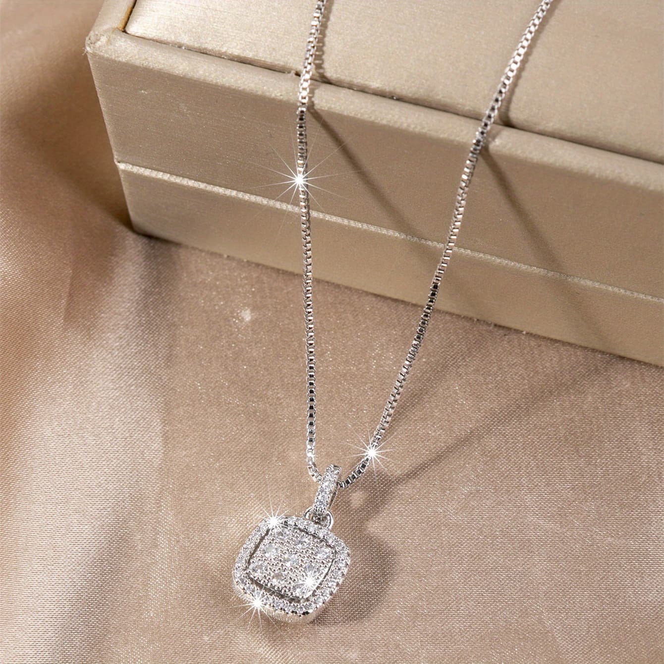 TEMU Elegant And Delicate Square Zirconia Pendant - Women's Luxurious Plated 925 Silver Necklace, Wedding Party Jewelry