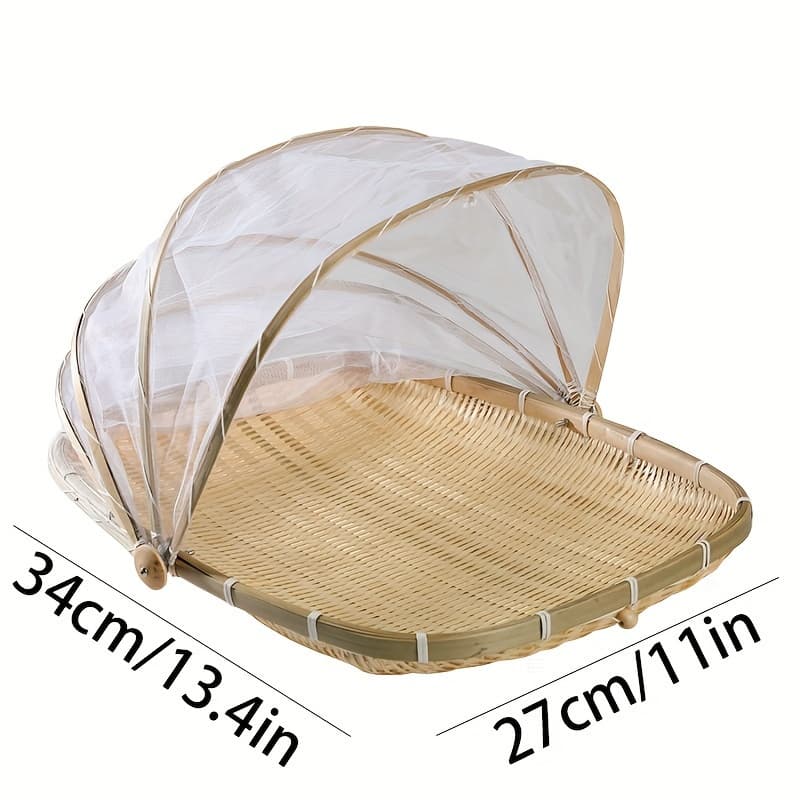 TEMU A -style Round Hand-woven Bamboo Food Tray With Mesh Cover - A Dust-proof Bread Basket, Suitable For Outdoor Picnics, Parties And Household Use, Shelf Baskets