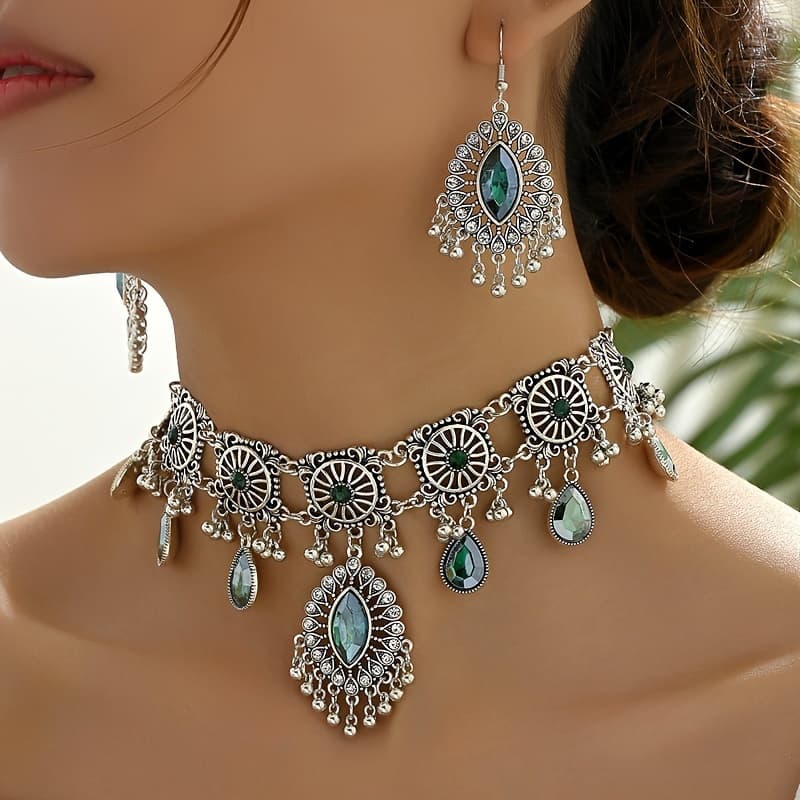 TEMU Set Of 3 Beautiful Vintage Floral Gemstone Jewelry - Stunning Drop Earrings And Necklace - Ethnic Design - Ideal Gift For Women For Eid Or Any Special Event
