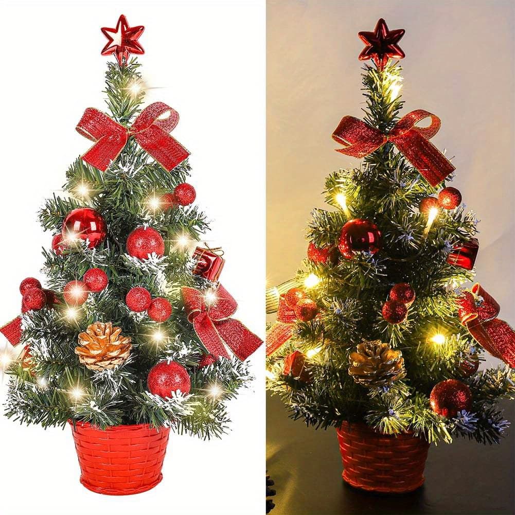 TEMU Mini Christmas Tree, 18" Artificial Small Christmas Tree With Led String Lights, Tabletop Christmas Tree With Pine Cones Christmas Balls Ornaments For Christmas Decorations