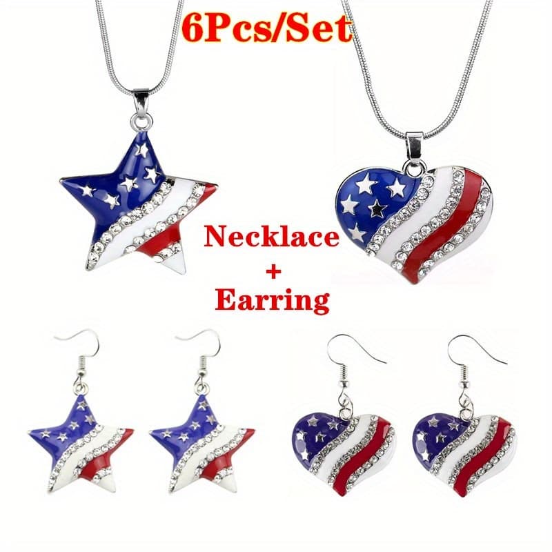 TEMU 6pcs/ Set 925 Silver Of Day Heart-shaped Synthetic Zirconia Pendant Earrings - Featuring Flag Pattern, Hypoallergenic, Nickel Free, For Women