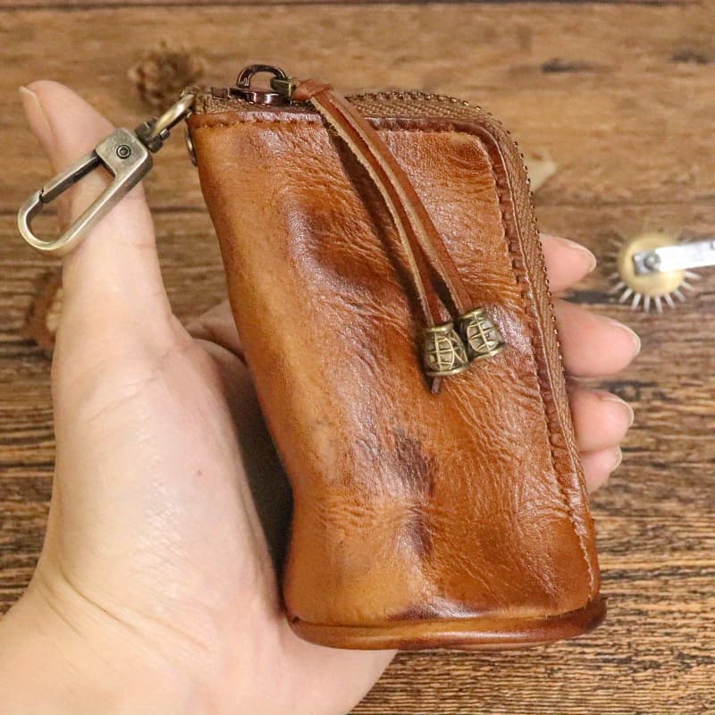 TEMU Men's Leather Key Holder - Vintage Style Waist Bag Made Of Cowhide, Spacious , Versatile Zippered Wallet For Keys, Ideal Valentine's Day Gift, Includes Money Clip And Coin Pouch