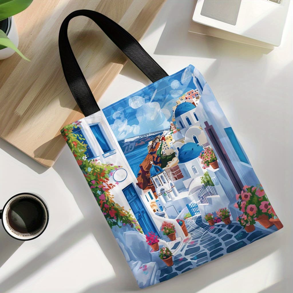 TEMU 1pc Mediterranean Landscape Canvas Tote Bag - White Walls & Blue Roofs With Red Flowers, 16.5" X 13.3", Ideal For Shopping, Vacation & Work, Perfect Gift For Family & , Beach Tote Ba