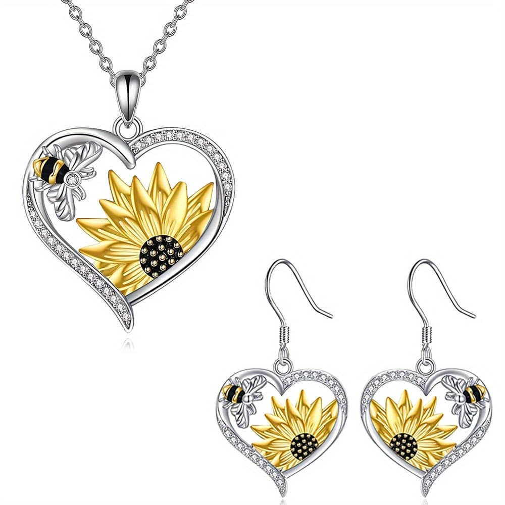 TEMU Hollow Zirconia Love Heart Bee Sunflower Necklace & Earrings Jewelry Set Charm Women's Party Jewelry Gift