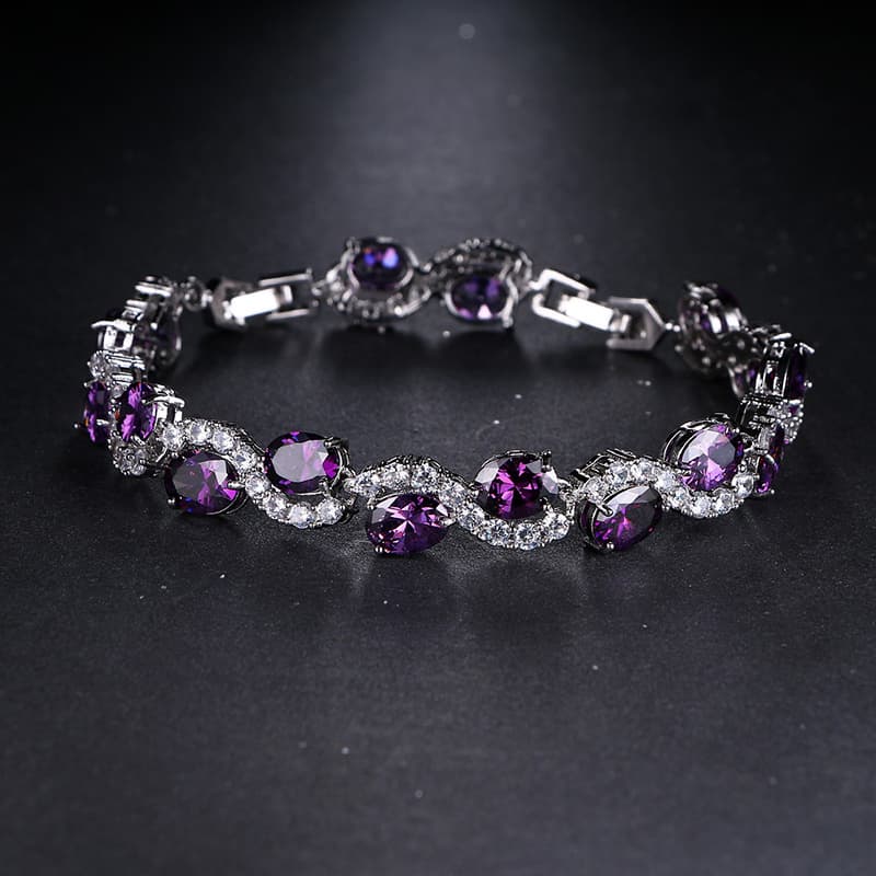 TEMU Luxury Purple Oval Link Bracelet - Exquisite Silver Plating And Copper Zirconia - A Fashionable Hand Accessory For Birthdays And Anniversaries