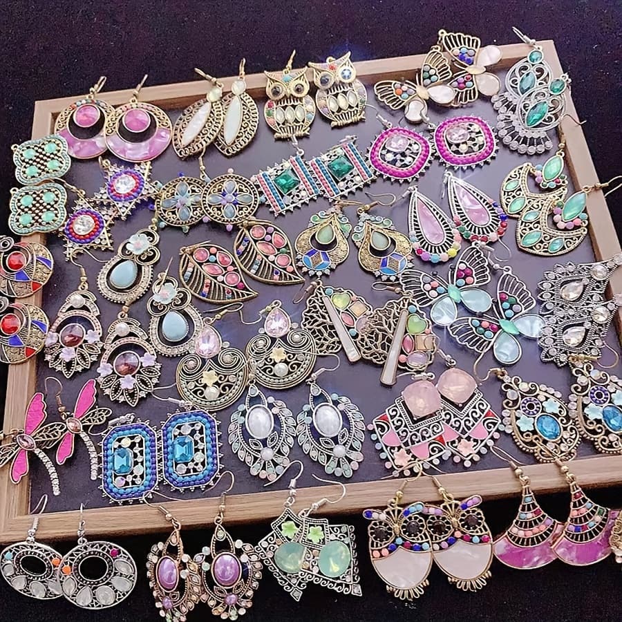 TEMU 10pairs Vintage Boho Style Pendant Stud Sets 10pairs Of Surprise Earrings
