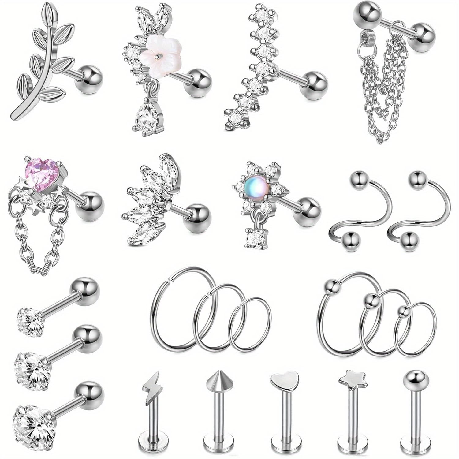 TEMU 23pcs 316l Stainless Steel Cartilage Earrings Set For Women 16g 20g Cz Conch Helix Earrings Labret Cartilage Stud Piercing Jewelry