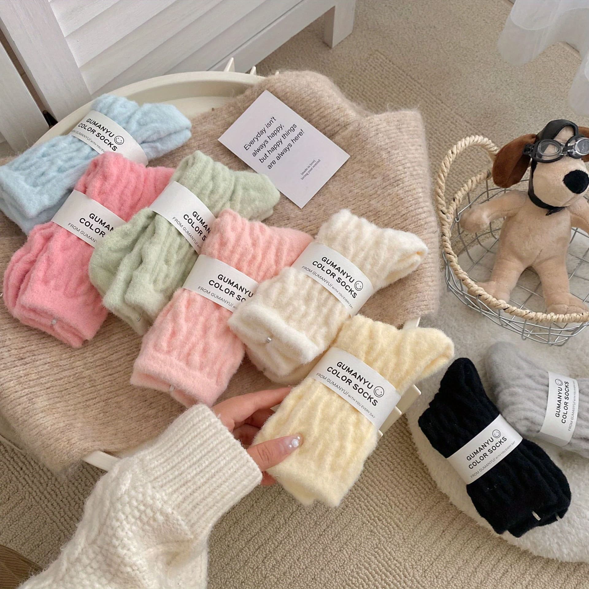 TEMU 5pairs Women's Plush Winter Socks Cozy Knit Mid-, Softwarmth, Solid Colors With Chic Letter Patch