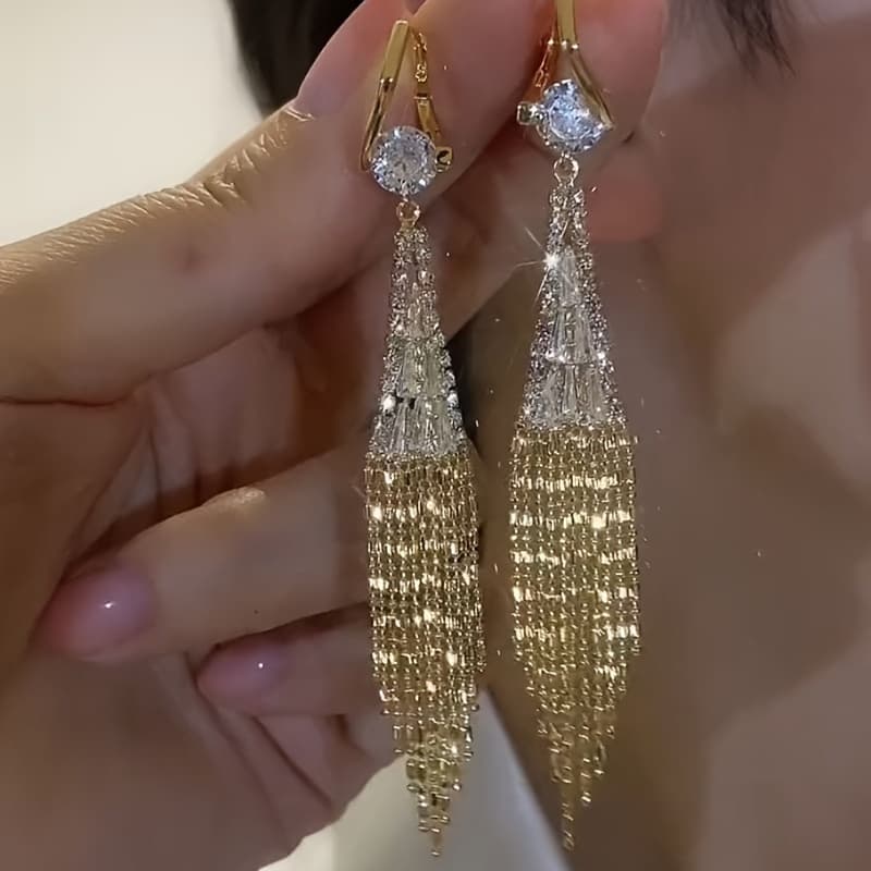 TEMU Bright Pendant Earrings, Sparkling Tassel Design, Covered With Sparkling Zirconia With Daily Wear, Party Accessories, Casual Dating Decorations