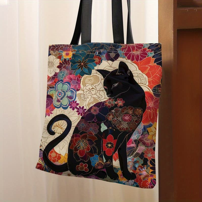 TEMU 1pc Japanese-inspired Canvas Tote Bag With Vibrant Black Cat & - Durable, Reusable, Ideal For Daily Shopping, Work, And Vacation, Work Bag | Floral Pattern Tote | Sturdy Handles, Bag
