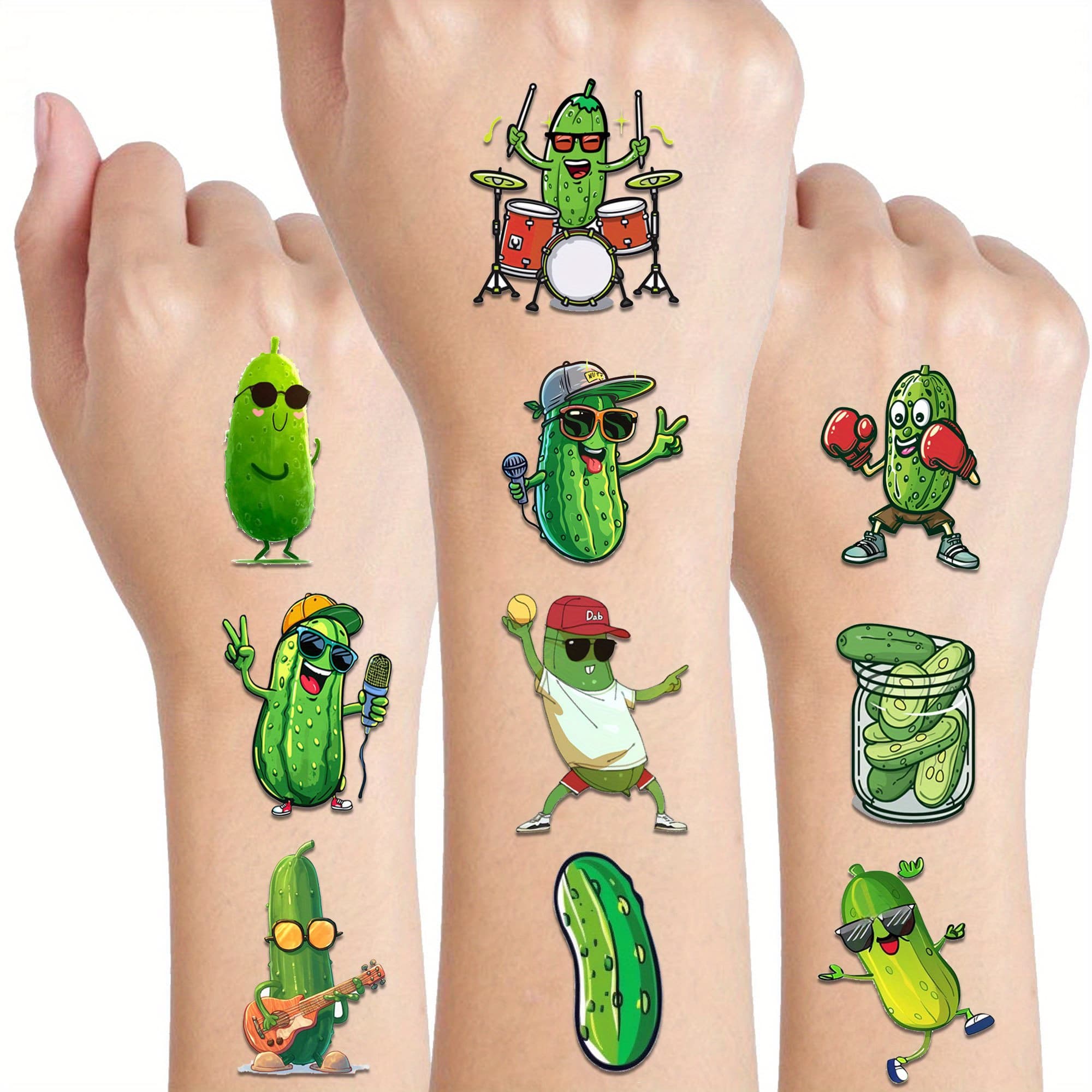 TEMU Funny Pickle & Cucumber Temporary Tattoos - Perfect For Birthday Parties, Halloween Cosplay & Body Art Decorations, Party Supplies, Fruits, Makeup