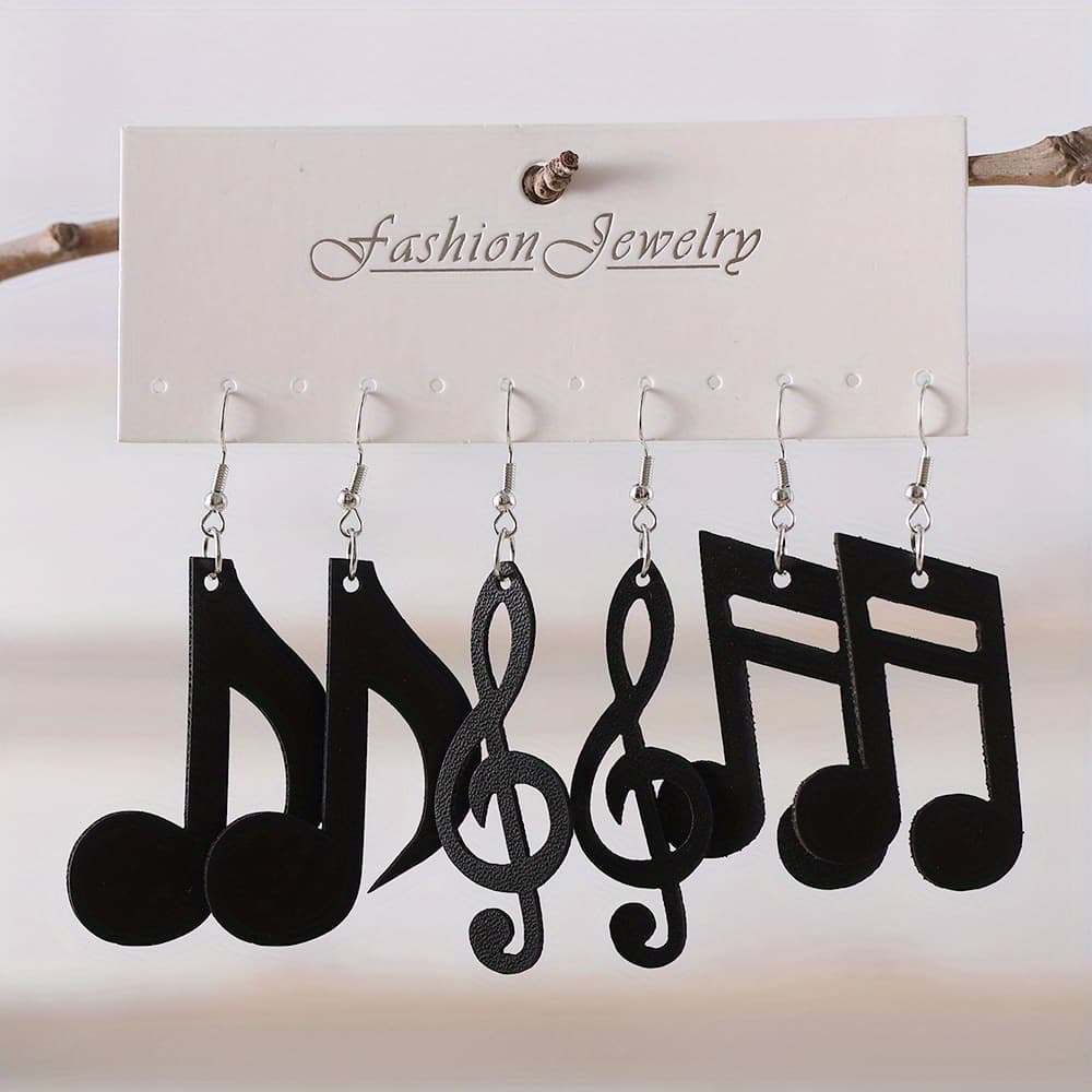 TEMU 3 Pairs Women' Note Dangle Drop Earrings, Vintage Black Faux Leather Earrings Jewelry Gifts For Music Lovers