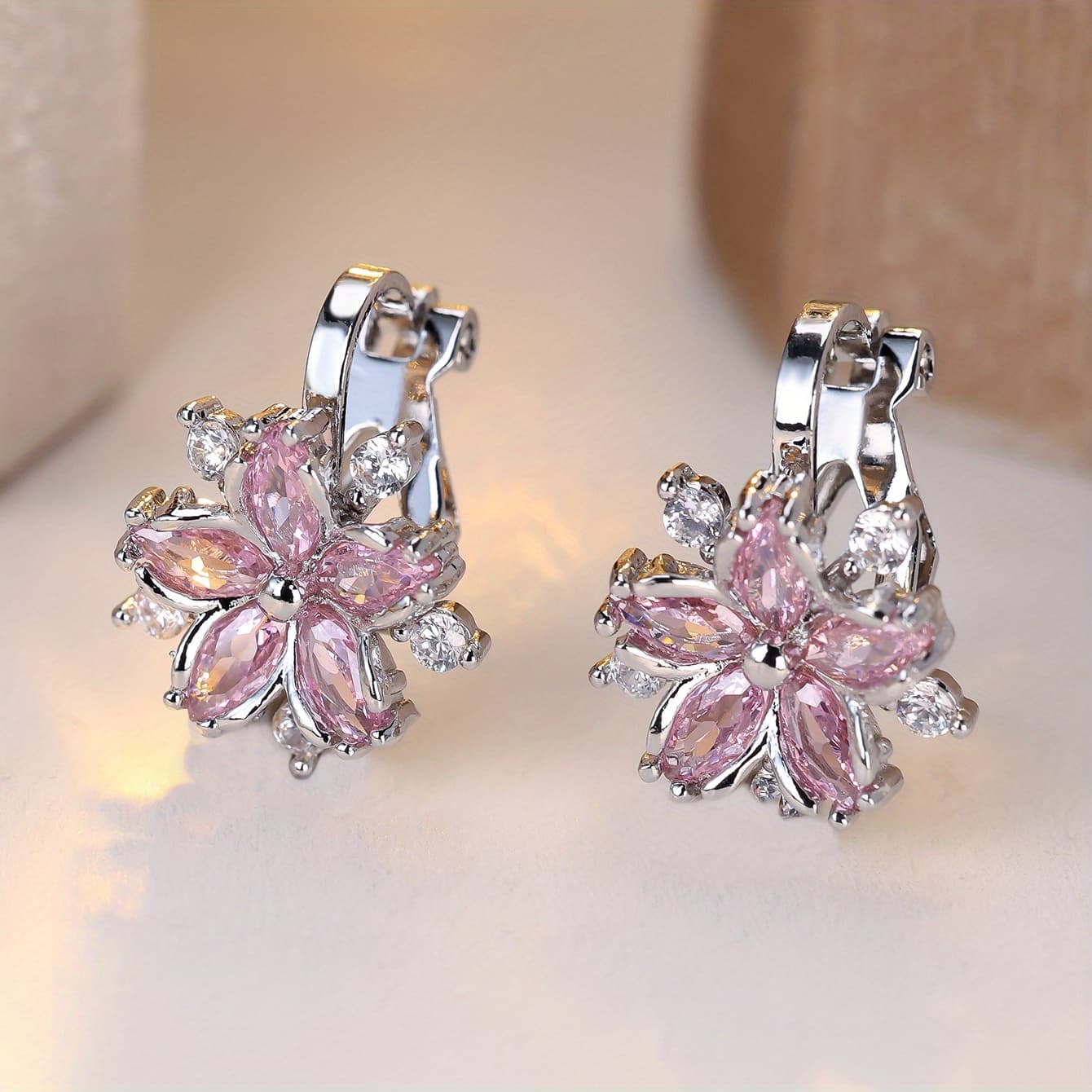 TEMU 2pcs Fashionable And Delicate Cherry Micro-pave Synthetic Zirconia Design Clip-on Earrings For Women, Suitable For Daily Wear. Floral Earrings That Without Pierced Ears
