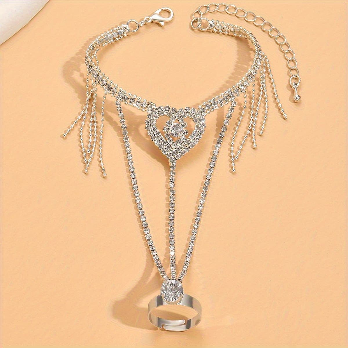 TEMU Silvery Plated Glitter Tassel Ring - Bracelet Combo With Integrated Chain - Unique Jewelry Piece