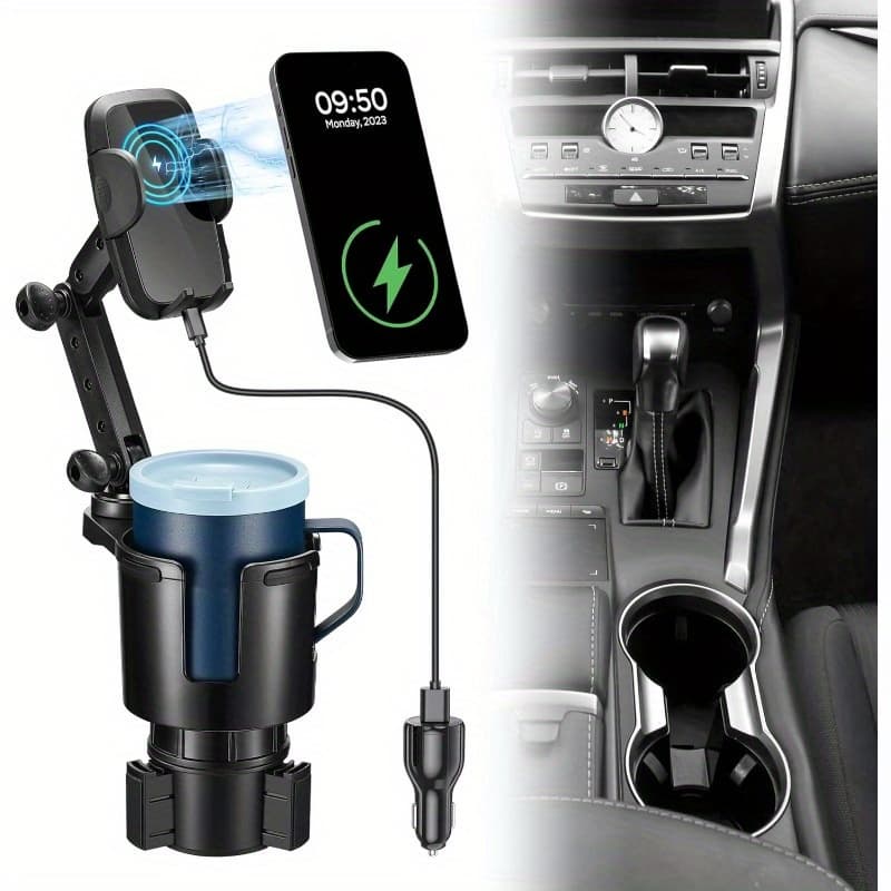 TEMU Oe 3-in-1 Car Wireless Charger Cup Holder, Upgrade 15w Charging, Car Cup Holder Phone Mount With & 360° Rotation Compatible For All Smartphones(with Car Adapter)