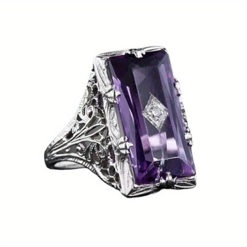 TEMU 1pc Exquisite Classical Retro Stainless Steel Natural Stone Silvery Color Purple Ladies Ring Size 6 Banquet