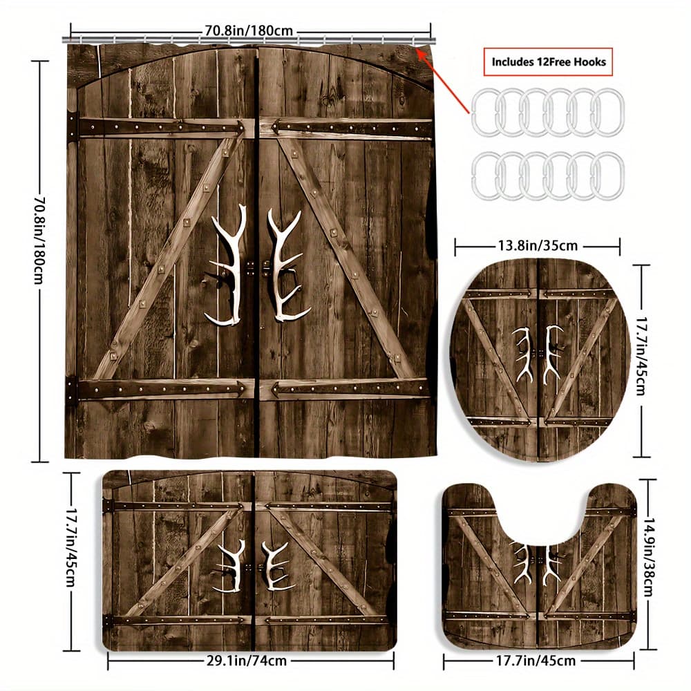 TEMU 4pcs Antlers Portal Curtain Shower Curtain Decoration, Beautiful Housewarming Gift Decoration, Shower Curtain And Toilet Floor Mat Three-piece Set Comes With 12 Shower Curtain Hooks