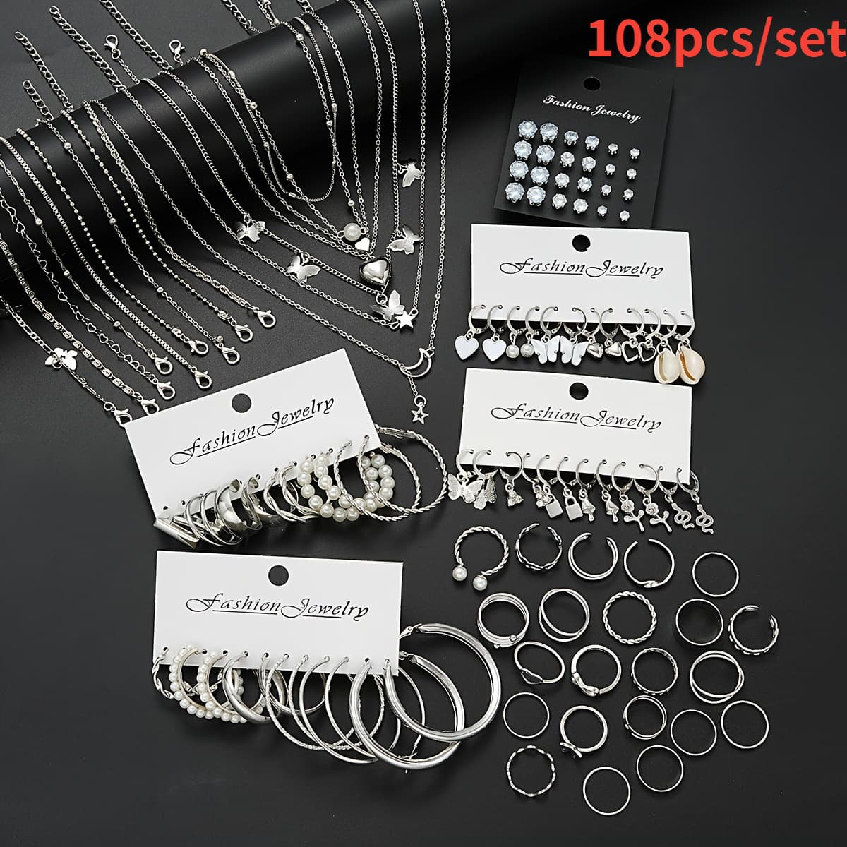 TEMU 58/108pcs/set Vintage & Jewelry Set For Women - Alloy Necklaces, Bracelets, Anklets, Rings, Earrings Bundle - Features & Heart Designs, Chains - Versatile For Daily Wear & Parties - All ()
