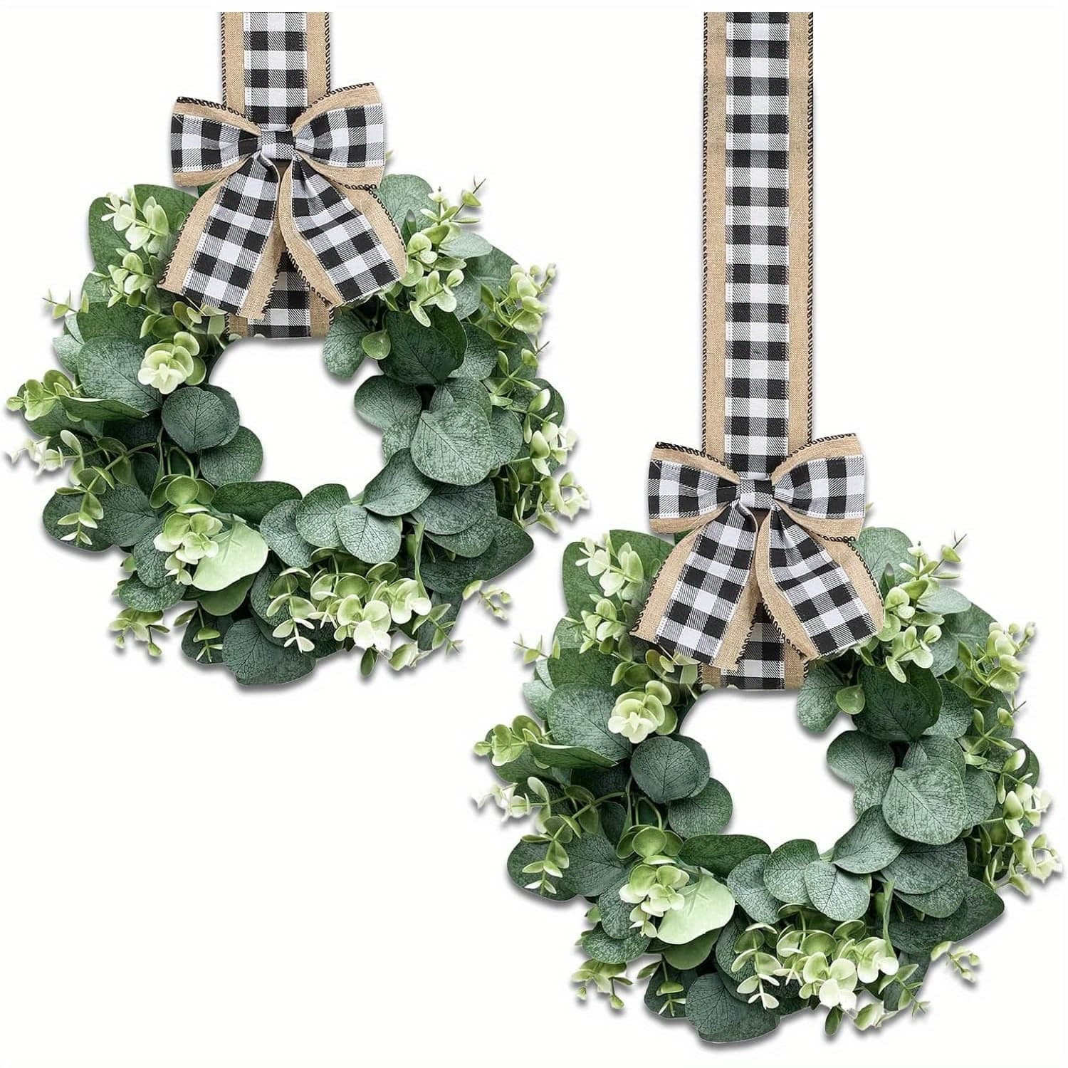 TEMU Faux Kitchen Cabinet Wreaths, 2 Pieces Small Pecuniary Eucalyptus Wreath 10 Inch Farmhouse Wreath Mini Kitchen Cabinet Window Chair Wall Decor (black White Buffalo Plaid)