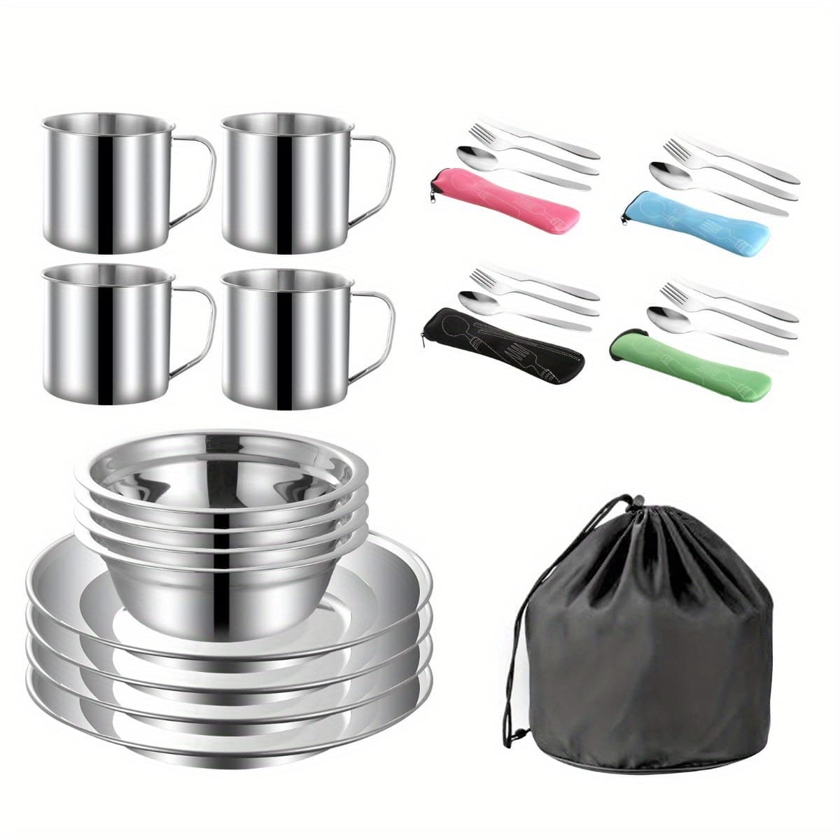TEMU 29pcs Stainless Steel Camping Tableware Set Including Bowls, Plates, Cups, Forks, Spoons, And Knives For 4 People, Ideal For Backpacking, Outdoor Camping, Hiking, And Picnics