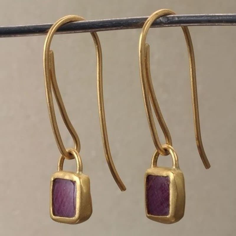 TEMU Set Of 2 Elegant Vintage Style Geometric Earrings For Women, Featuring Gold- Stainless Steel And Natural Stone In Purple, Perfect Gift