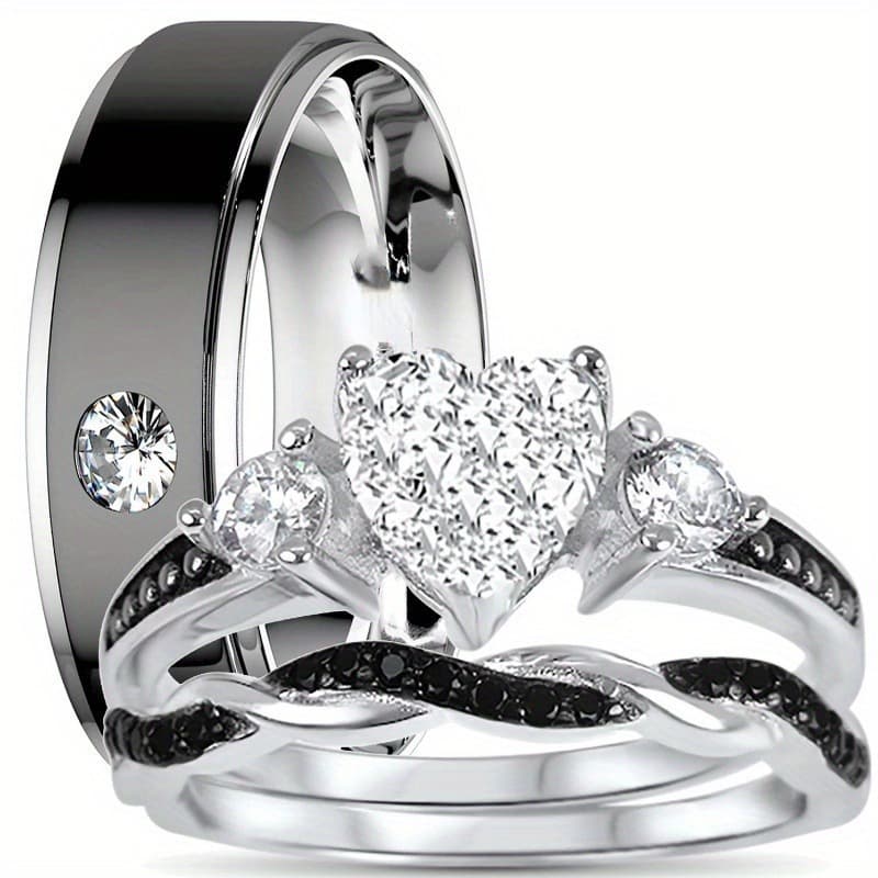 TEMU His And Her 3pcs Silvery Black Wedding Ring Engagement Ring Set