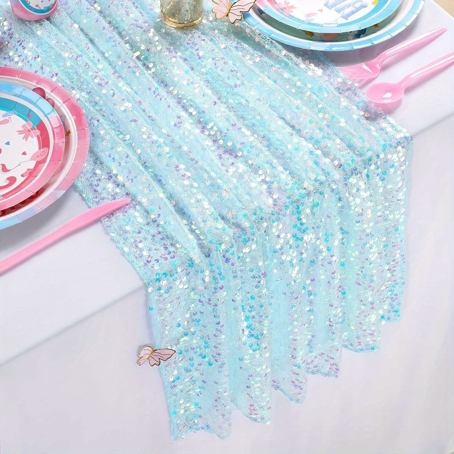 TEMU 1pc, Sequin Iridescent Table Runner 12x72 Inches Blue Table Runners Sparkly Lavender Fabric Mermaid Party Decorations