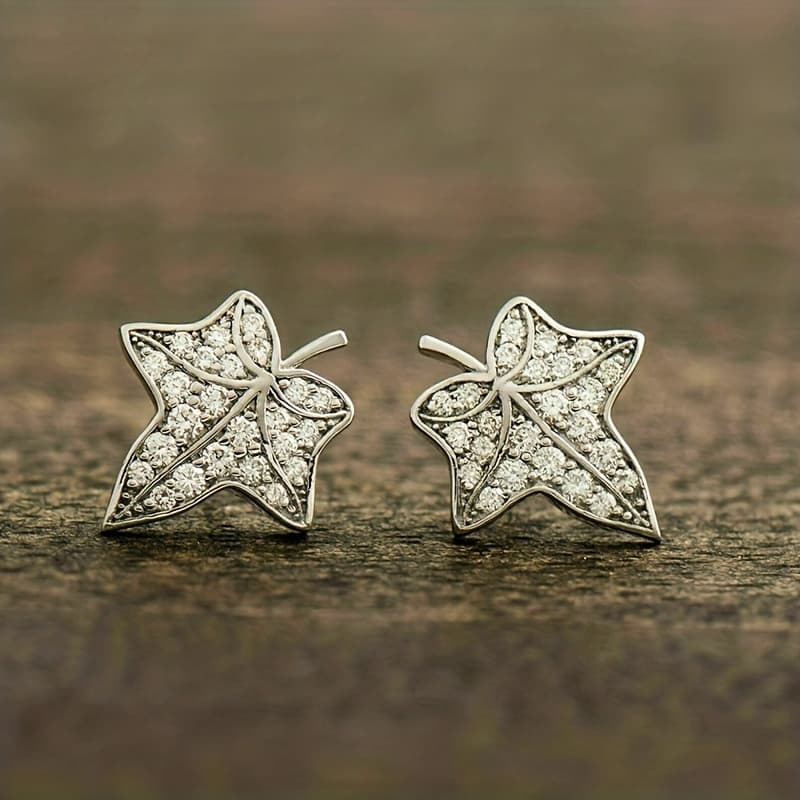 TEMU 1 Pair Women Fashion Stud Earrings Creative Personality Micro Synthetic Zirconia Maple Leaf Bride Wedding Engagement Jewelry Party Gift