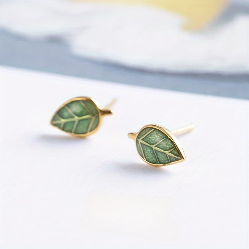 TEMU Glaze Leaf Stud Earrings S925 Sterling Silver Gift Simple Jewelry. 0.6g/ 0.02oz