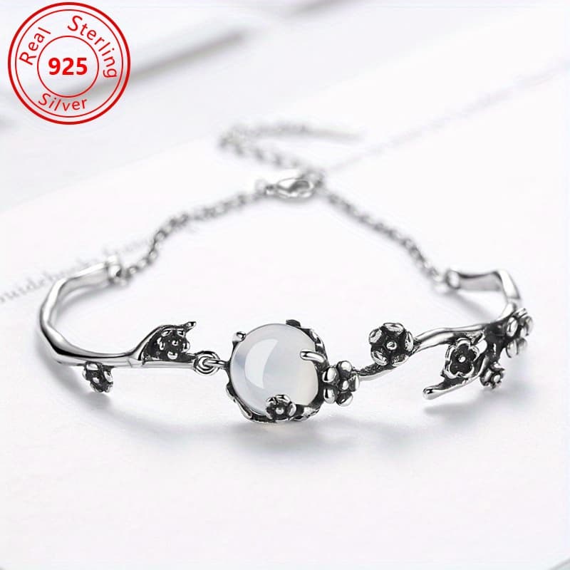TEMU S925 Sterling Shadow Cold Plum Bracelet - 6g/ 0.212oz- Stylish Antique Silvery Plated With Elegant Moonlight White Chalmedine - Personality High Cold - Perfect Feminine Charm - Halloween Gift