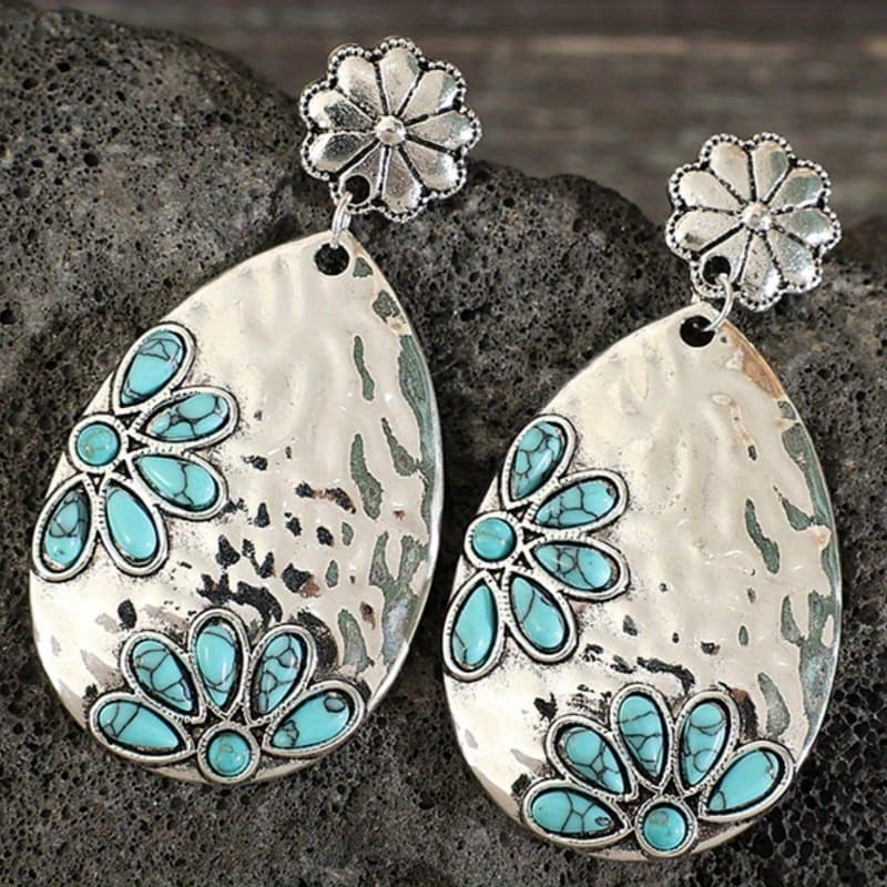TEMU 1pair Vintage Western Style Turquoise Inlay Flower Shaped Alloy Drop Earrings