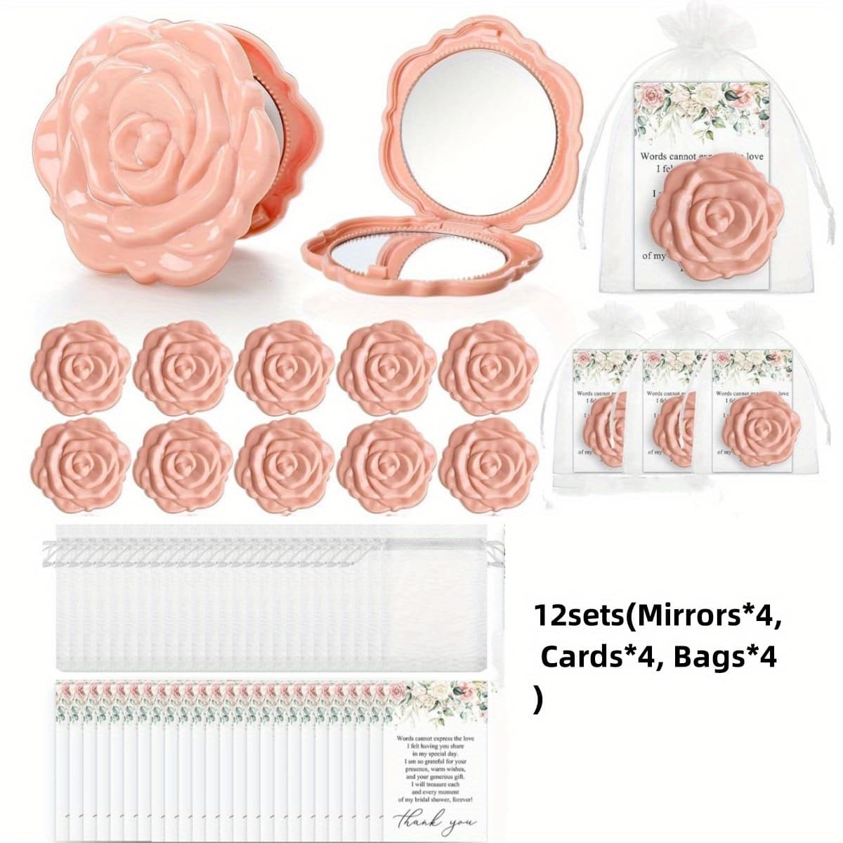 TEMU 12pcs Bridal Gift ( 4 Sets) Mirror Plastic Small Mirror Bridal Thank You Card With Organza Bag Wedding Party Favor Bridesmaid Gifts For Guests Wedding Party Supplies