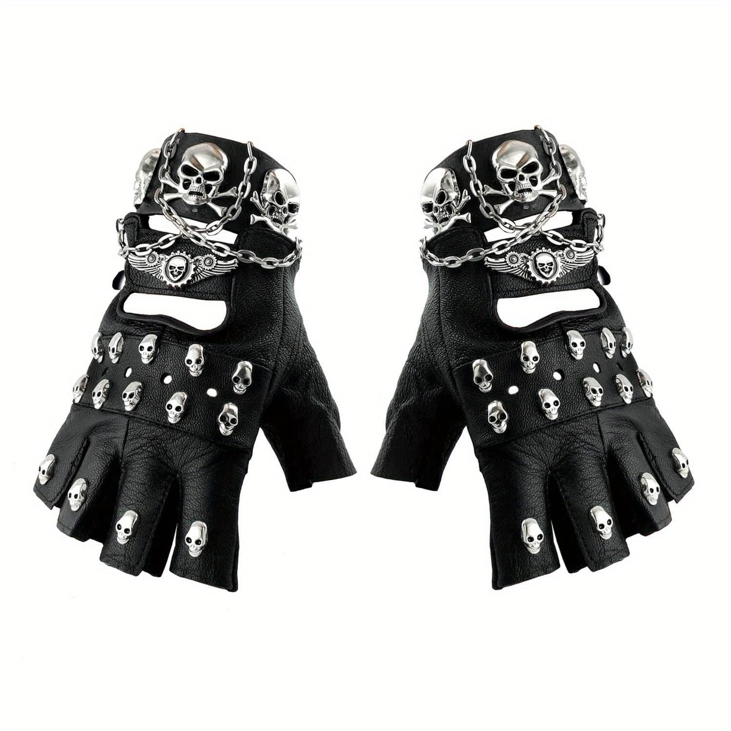 TEMU Skulls Men Women Uniesex Leather Gloves Metal Chain Cosplay Goth Fingerless Gloves