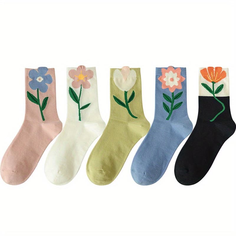 TEMU 5pairs Women's Socks Cartoon Flower Print Candy Color Mid Length Socks Breathable Casual Short Socks