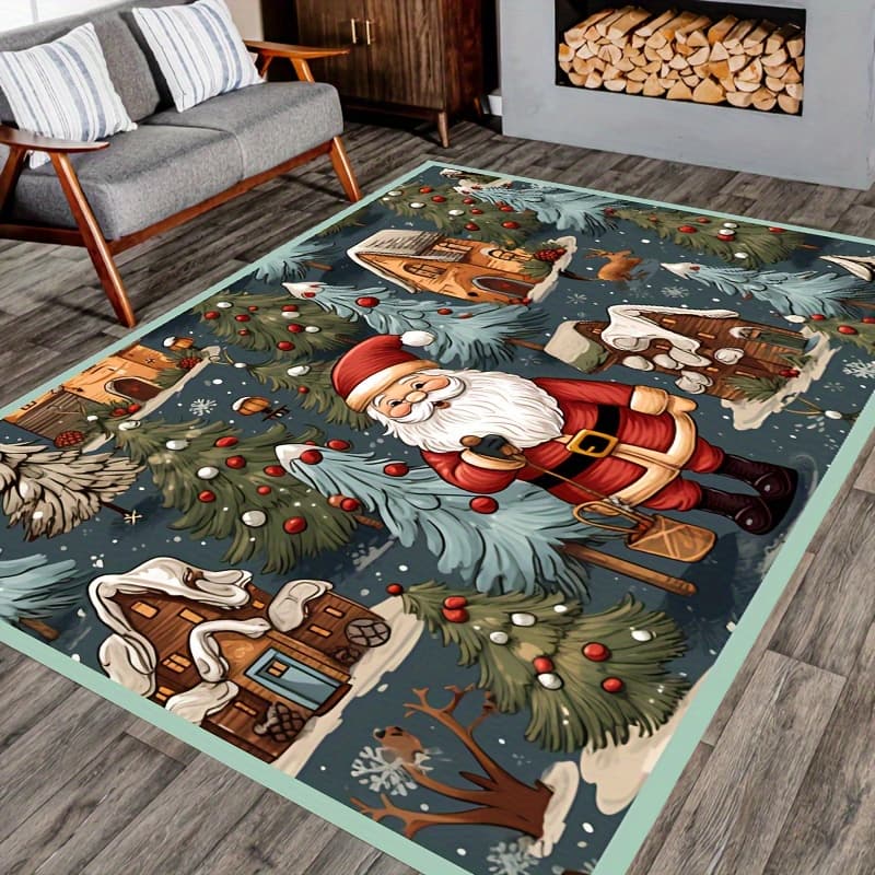 TEMU Santa Claus Christmas Area Rug - Large, Washable & Non-slip Polyester Floor Mat For Living Room And Bedroom Decor