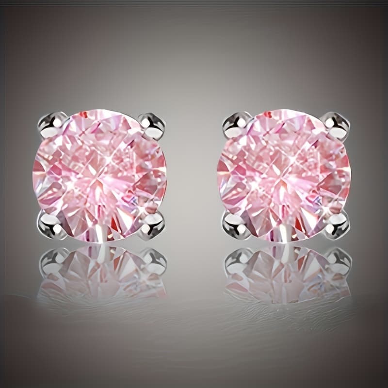 TEMU 1 Pair Of Elegant Pink Gemstone Round Zirconia Earrings - Perfect For Any Party All-match Jewelry