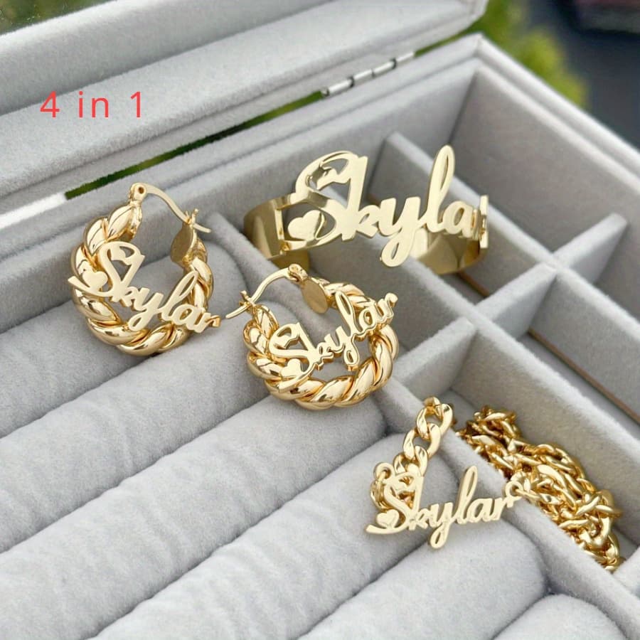 TEMU Set Of 4pcs Including Stainless Steel Earrings, A Bracelet, And A Necklace. Features A Necklace With An English Name And A Personalized Name Bracelet. A Unique Gift Option, Perfect For Birthdays