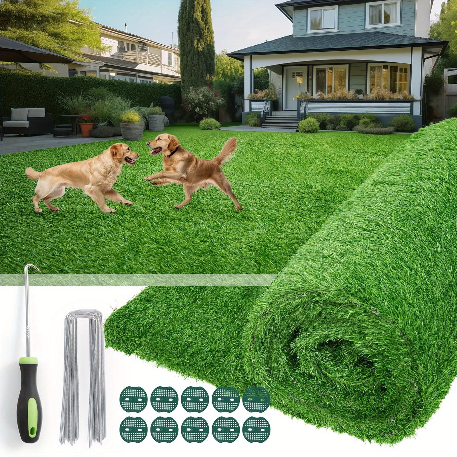 TEMU Green Realistic Artificial Grass 1.2" Pile Height Rug Fake Grass Mat With Drainage Holes & Rubber Backing For Indoor Outdoor Lawn Landscape Garden, Balcony, Patio, With Accessories