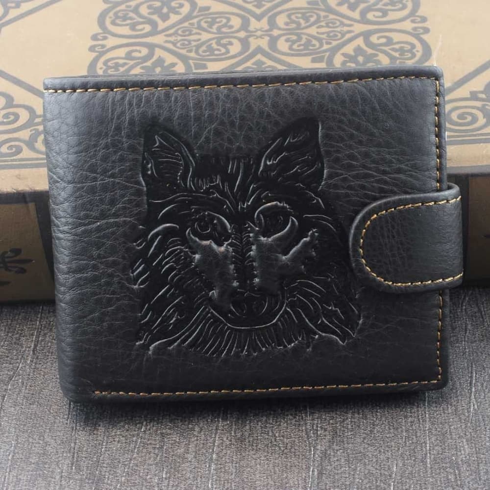 TEMU Mens Western Genuine Leather Wolf Head Snap Card Money Coins Wallet Black L62