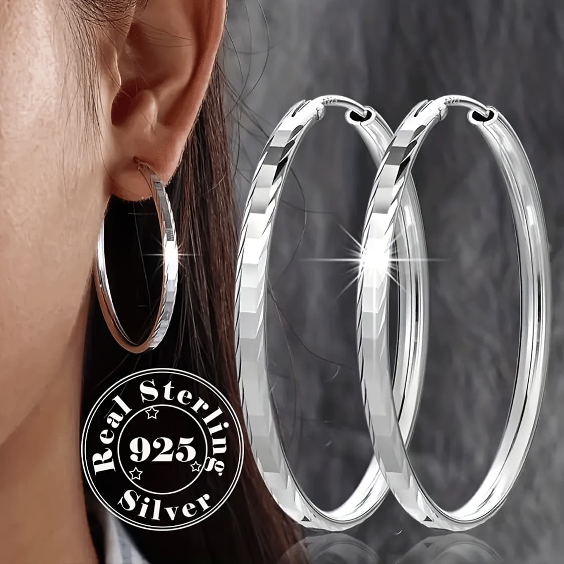 TEMU Elegant Pair Of S925 Sterling Silver Hinge Ring Earrings - Embossed Square Design - Perfect Gift For Valentine's Day