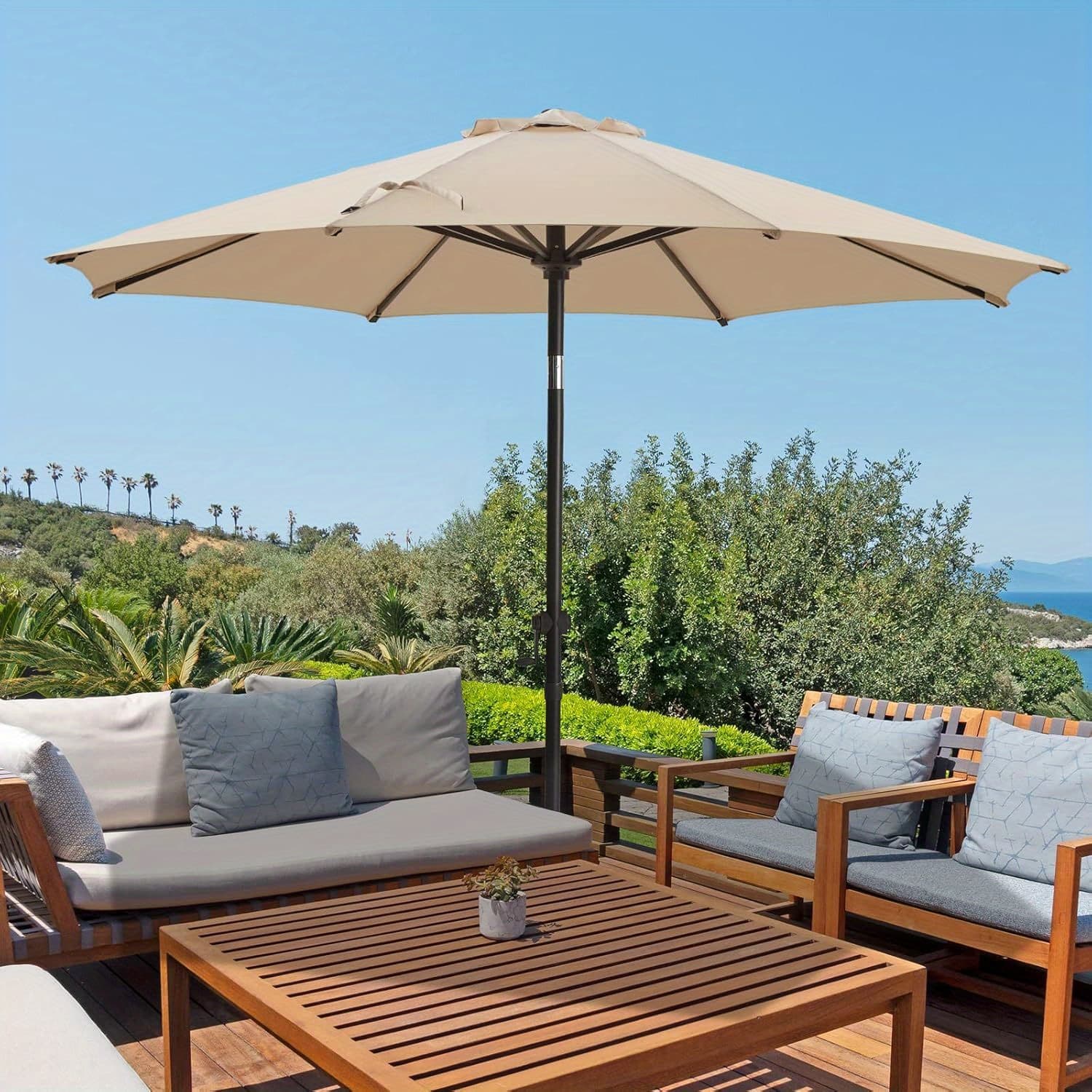 TEMU 7.5/9/10/15 Ft Outdoor Patio Umbrellas Market Umbrella With Push Button Tilt/crank, 8 Durable Ribs, Fade Resistant And Waterproof For Garden, Lawn, Deck, Backyard, And Pool