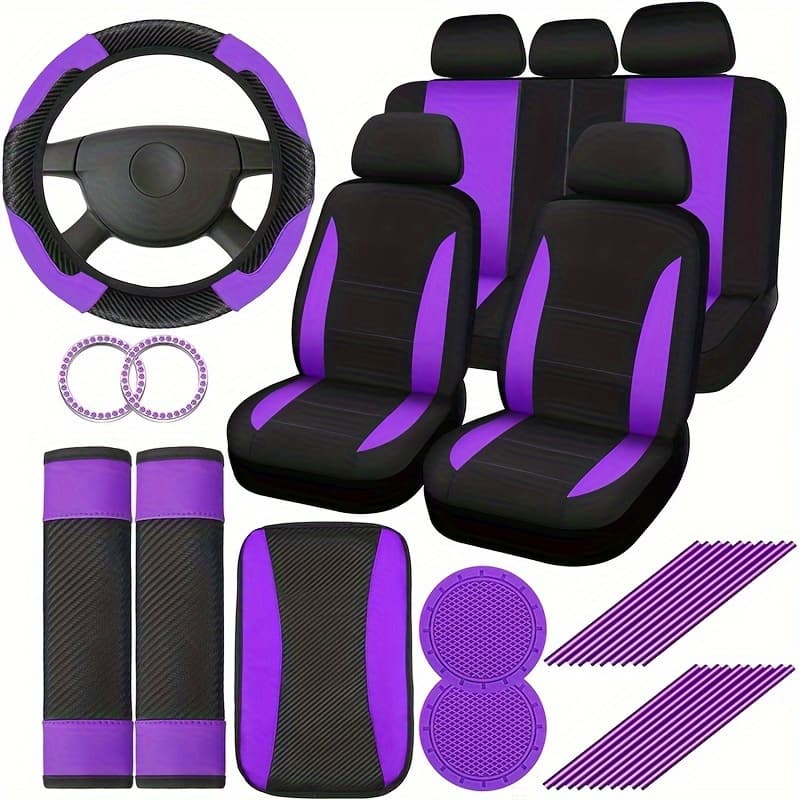 TEMU Deluxe Pink Car Seat Cover Set: Steering Wheel Cover, Cup Holder, Armrest Cushion, Seat Belt Cover For Most Cars, Suvs And Trucks - The For Stylish Ladies