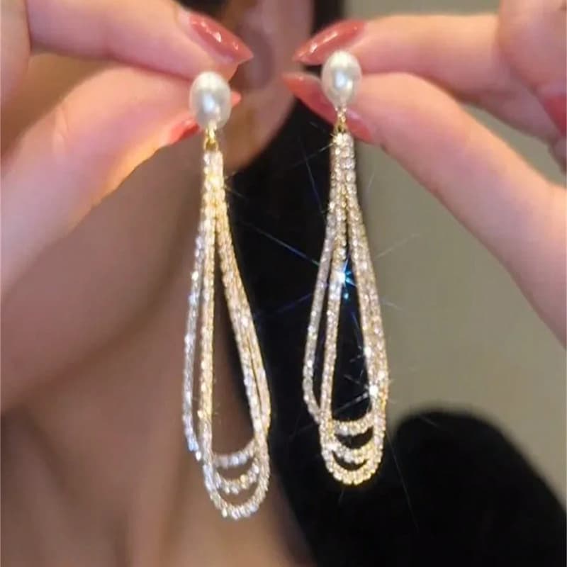 TEMU A Set Of Long, -shaped Earrings With Rhinestones And Pearls, Combining Style And