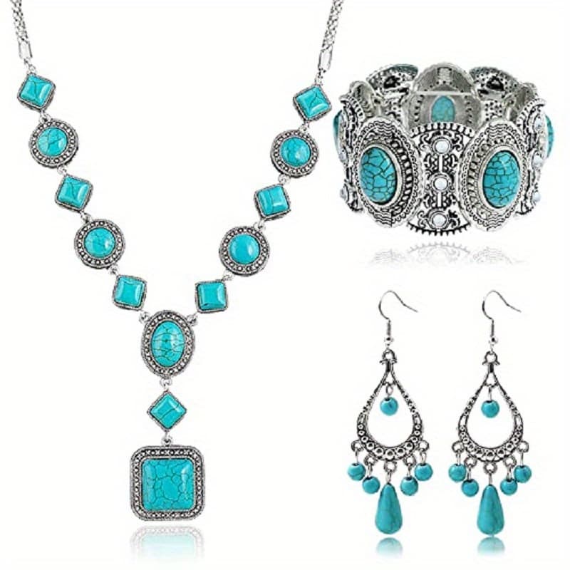 TEMU Bohemian Turquoise Necklace Rhombus Round Necklace Bracelet Earrings Set Of Beads