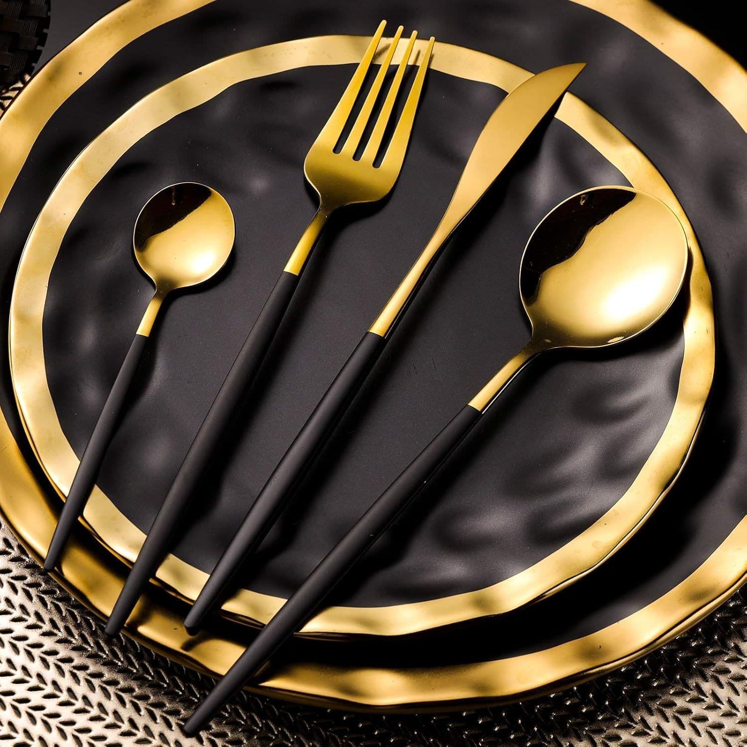 TEMU Black Golden Flatware, Royal 24pcs Matte Black Handle 18/10 Stainless Steel Tableware Sets For 6 Including Forks Spoons Knives, Camping Silverware Travel Utensils Set Cutlery (black Golden)