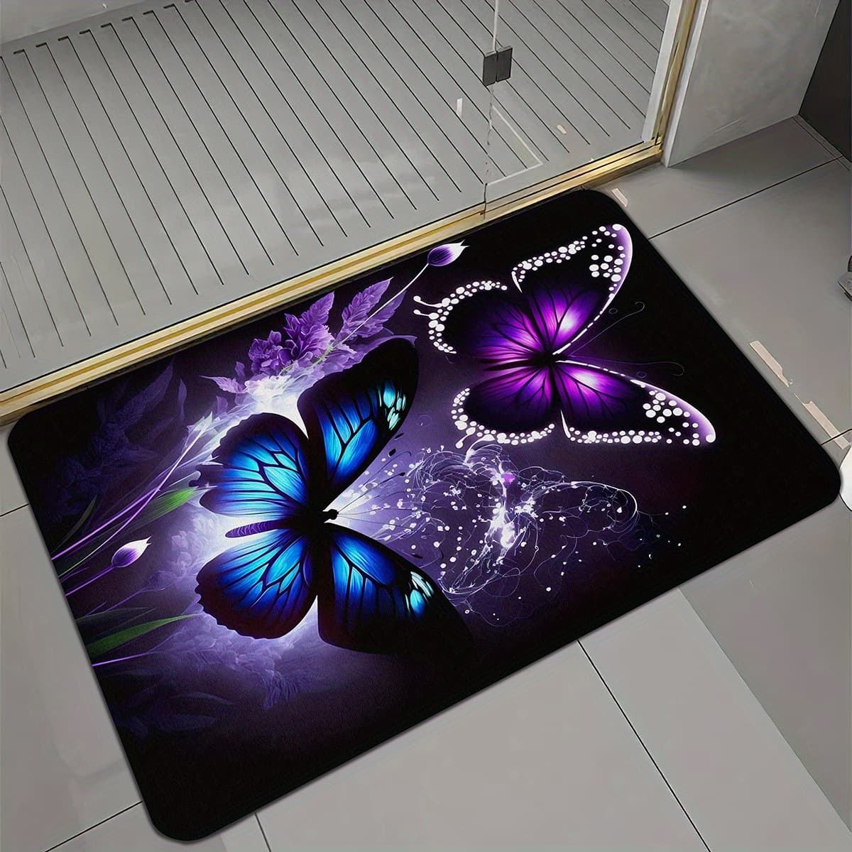 TEMU Purple Print Non-slip Bath Mat - Soft Flannel & Sponge, Machine Washable, Perfect For Shower & Bathroom Decor