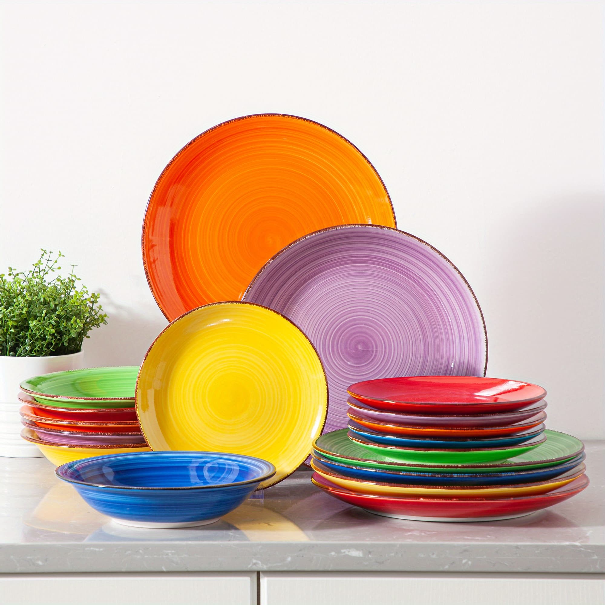 TEMU 18 Piece Handpainted Pattern Stoneware Dinnerware Set - Service For 6