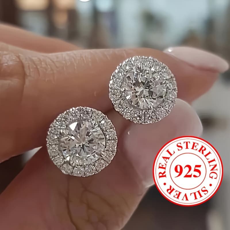 TEMU 1 Pair S925 Sterling Silver Trendy Four-claw Stud Earrings Luxury Cubic Zirconia Stud Earrings For Women, Couple Ear Jewelry, For Gifts 1.8g/0.06oz