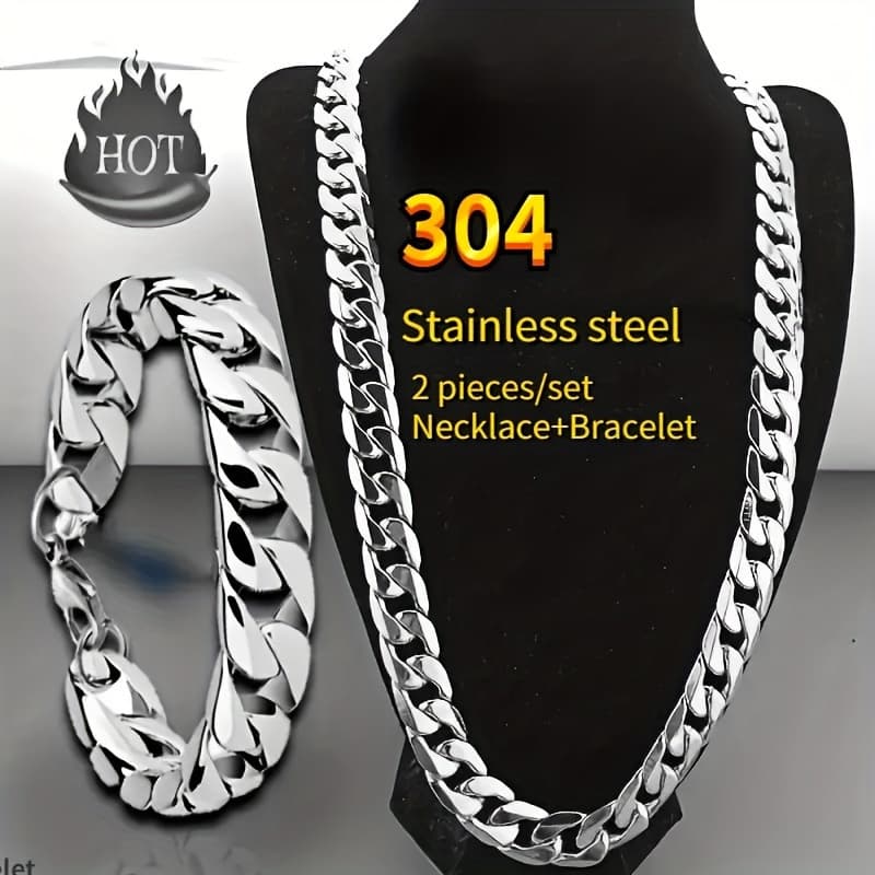 TEMU Mens Jewelry 2pcs/set Stainless Steel Necklace For Men And Bangle Set, Hip Hop Punk Couple Chain Perfect For