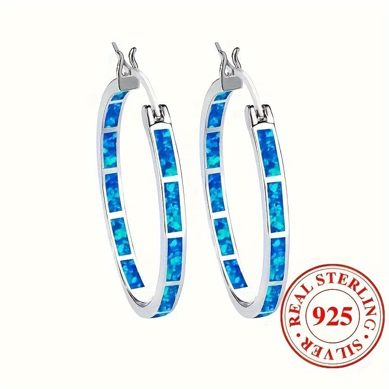 TEMU Pretty 925 Sterling Silver Hypoallergenic Hoop Earrings Embellished With Delicate Opal Bohemian Elegant Style Gift For Women